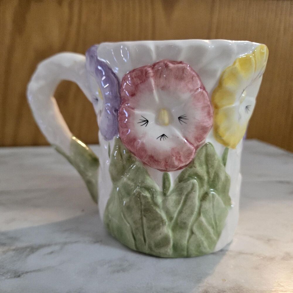 World Bazaars Inc Ceramic Pansies Mug, 12 oz, Pink Yellow Purple Pansies